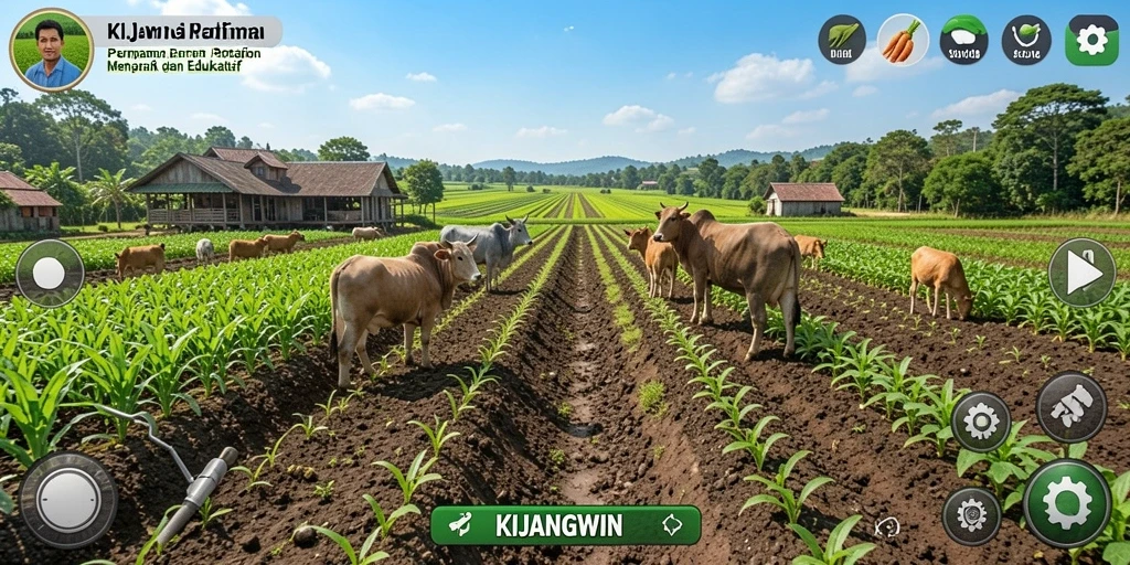 Tangkapan layar permainan KIJANGWIN menampilkan kebun yang subur dan tanaman yang beragam.