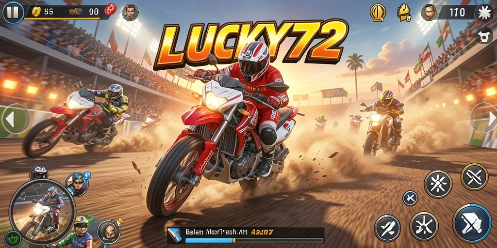 Tangkapan layar utama LUCKY72 saat balapan motor yang mendebarkan.
