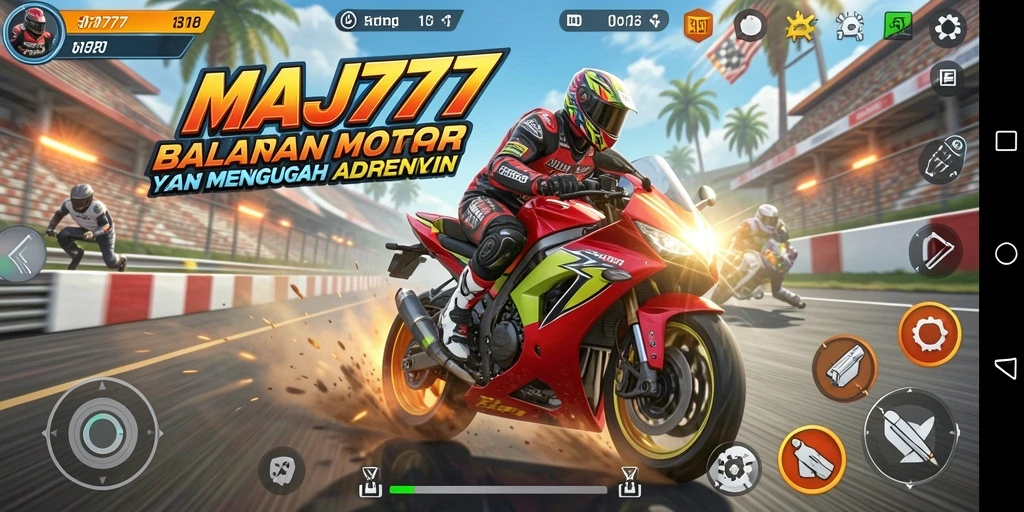 Screenshot dari gameplay balapan motor yang mendebarkan di MAJ777.