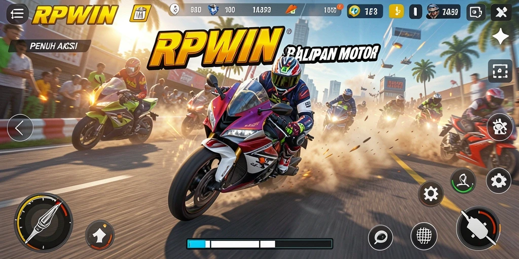 Screenshot menunjukkan aksi balapan motor yang mendebarkan dalam RPWIN.
